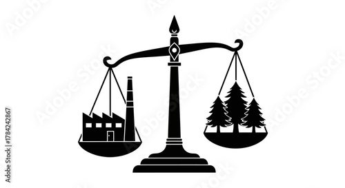 Scales balancing industry with trees, depicting the conflict between economic growth and environmental preservation.