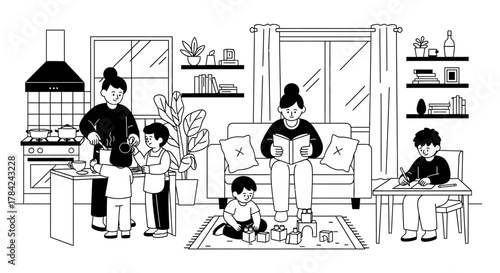 A family scene depicts a mother cooking in the kitchen while her children play and another mother reading a book in the living room.