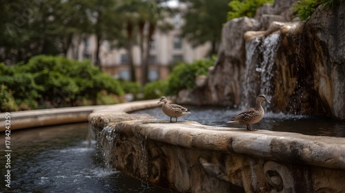 Wallpaper Mural Two ducks standing by a cascading fountain in a garden setting Torontodigital.ca