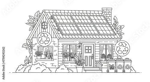 A house with solar panels on the roof and recycling bins, promoting sustainable living and renewable energy.