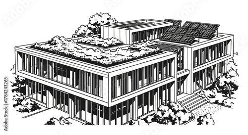 Architectural drawing depicting a modern building with a green roof and solar panels, surrounded by trees and landscaping.
