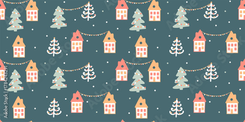 Christmas seamless pattern: houses, Christmas trees, sparkling garlands. Hand‑drawn in a simple naive style, dark background. For packaging, gift paper, Christmas, seasonal festive decor, textiles