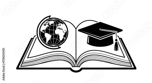 Open book illustration featuring a globe and graduation cap, symbolizing education and global knowledge.