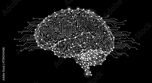 Digital brain illustration with interconnected nodes and circuit board patterns, symbolizing artificial intelligence and neural networks.
