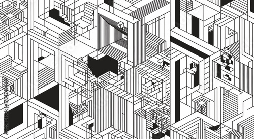 Abstract architectural drawing featuring a complex isometric perspective of interconnected structures and geometric shapes in black and white.