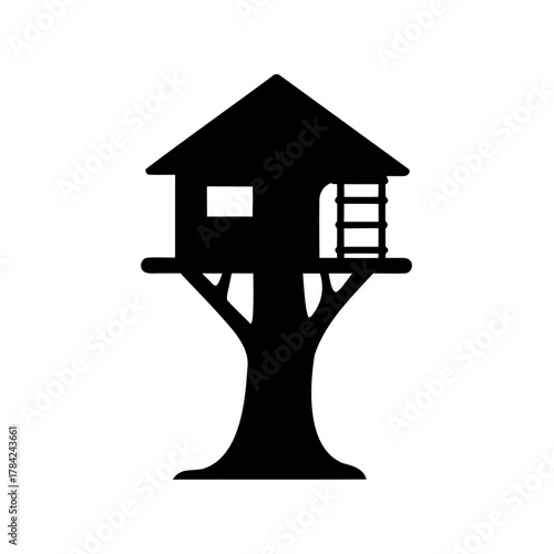 Black silhouette of a treehouse in a tree with a ladder