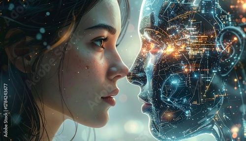 A human face to face with a cybernetic head, contact of worlds