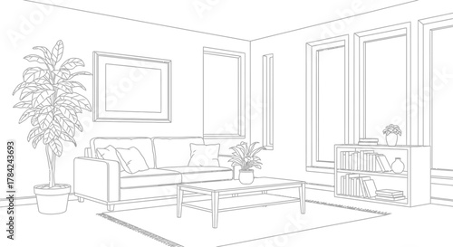 Line drawing of a living room interior featuring a sofa, coffee table, plant, bookshelf, and windows.