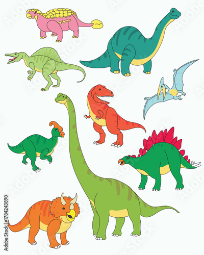 Cute dinosaur set featuring various species in colorful cartoon style, perfect for kids and dino-themed designs.