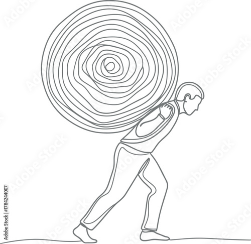 Man carrying a large round log on his shoulders in a sketch style