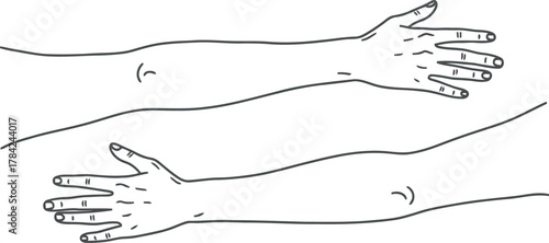 Three stylized line drawings of human arms and hands in a row