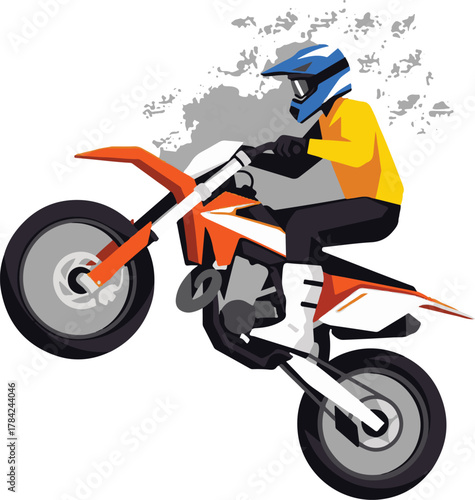 Vector Illustration of a Motocross Rider in Dynamic Action Style with Bright Orange Yellow and Blue Colors