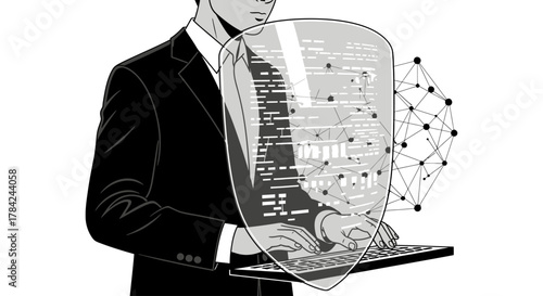 Man in suit types on a laptop protected by a digital shield displaying code and connected to a network.