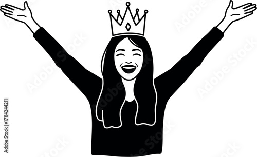 Joyful woman wearing a crown with arms raised in celebration