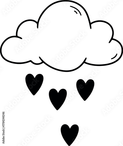 Whimsical hand drawn cloud raining hearts illustration simple design