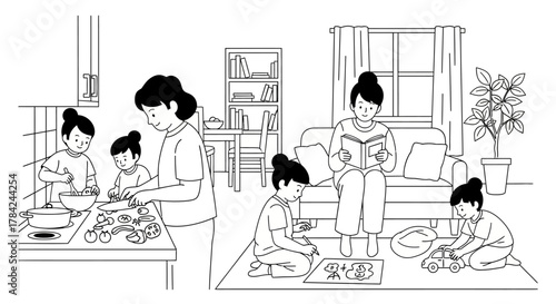 Line art illustration of a family at home: mother cooking with children, another reading, and children playing.