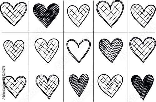 Hand drawn hearts in a tic tac toe grid with a mix of filled and outlined designs