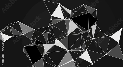 Abstract geometric design featuring interconnected triangles and lines in a grayscale color palette against a dark background.