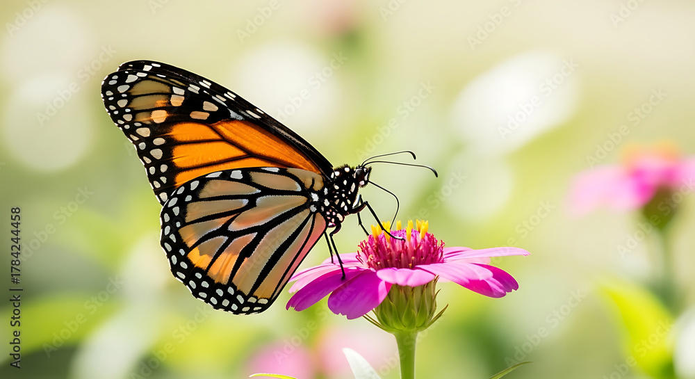 Obraz premium Monarch butterfly on pink flower nature photography vibrant colors 