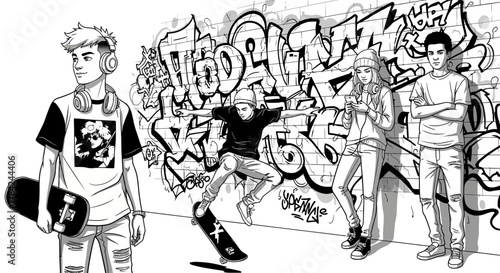 Group of four young people depicted in a black and white illustration standing and skateboarding in front of graffiti art on a brick wall.