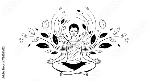 A person in a lotus position meditating with swirling leaves and branches emanating from their body, conveying peace and mindfulness.