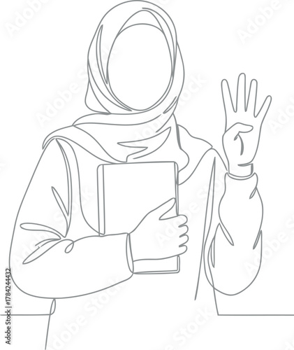 Minimalist line drawing of a woman in hijab holding a book