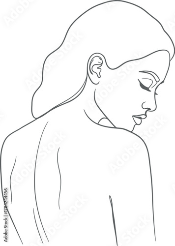 Elegant line art sketch of a woman with her head bowed in contemplation