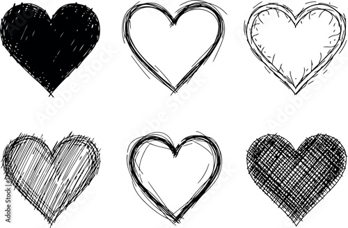 Collection of six hand drawn hearts in various styles and fillings