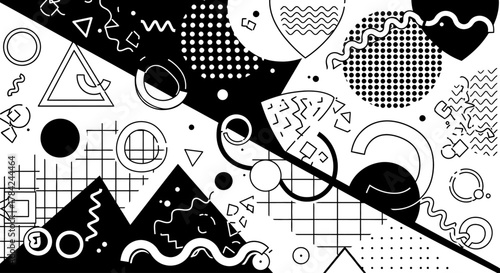 Abstract black and white composition featuring geometric shapes, lines, and patterns, creating a dynamic and visually engaging design.