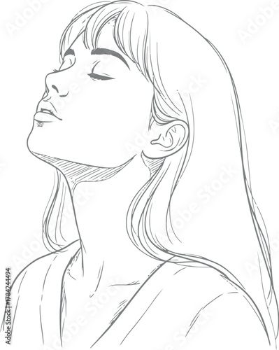 Sketch of a young woman with eyes closed and head tilted back