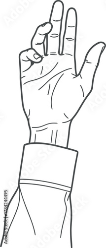 Line drawing of a raised hand with fingers bent in a gesture