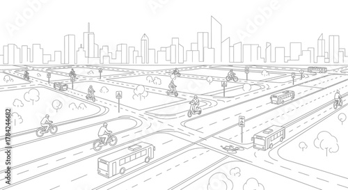 Line drawing of a city with roads, cyclists, buses, cars, trees, and buildings in the background.