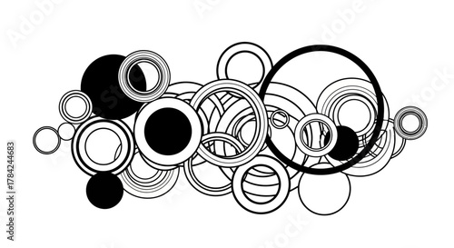 An abstract illustration featuring a cluster of overlapping circles in varying sizes and shades of black, white, and gray, creating a dynamic and modern design.