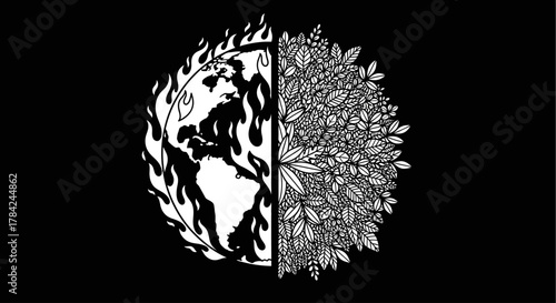 Half of the Earth is engulfed in flames, while the other half is covered in lush green foliage, symbolizing environmental contrast.