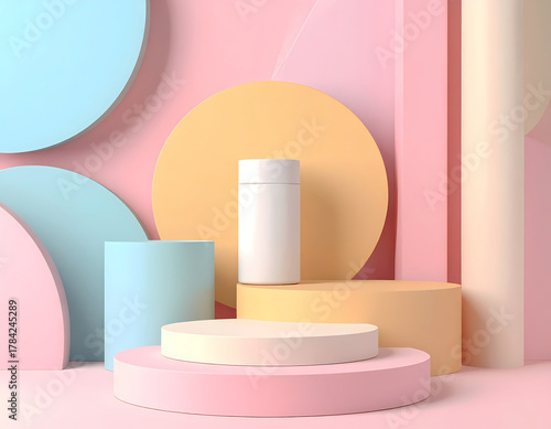 Minimalist 3 d render of product podiums with pastel geometric shapes