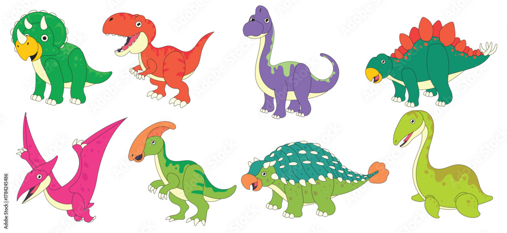 Fototapeta premium A fun collection of various dinosaur species in cute cartoon style, perfect for kids, games, and education