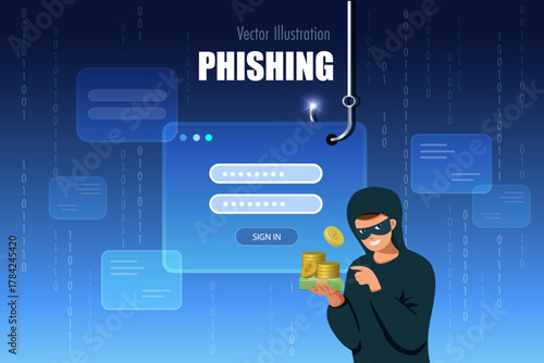 Scammer, hacker holding money with phishing hook on user, password sign in dashboard. Online phishing, scamming. Design and symbol for stop cyber attack and digital crime. Vector.