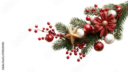 Christmas corner decoration with red bow gold star ornaments pine branches white and red balls with berries isolated on white background