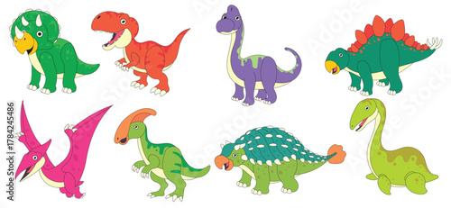A fun collection of various dinosaur species in cute cartoon style, perfect for kids, games, and education
