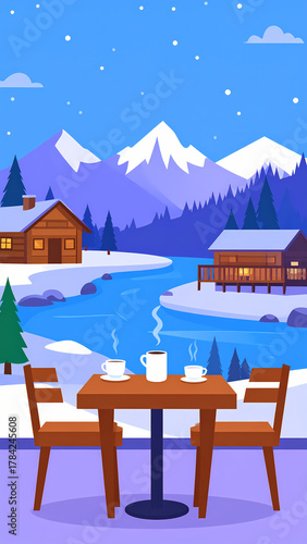 Winter landscape illustration with coffee cups on table and mountain scenery