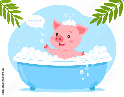 Cartoon pig enjoying a bubble bath with a transparent background for design