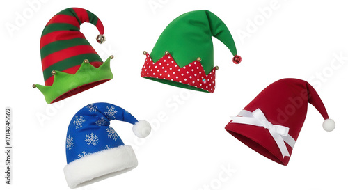Assortment of colorful elf hats for christmas isolated on transparent background