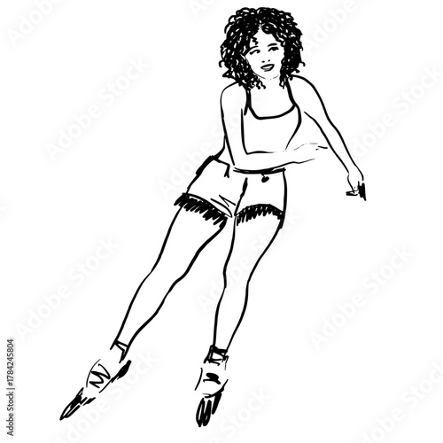 vector  illustration of a young woman with curly hair and shorts on rollerskates