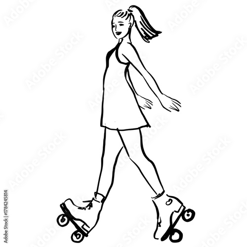 vector  illustration of a young woman with a ponytal in a short dress on rollerskate