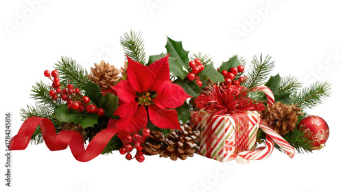 Festive Christmas decoration with poinsettia flower pine cones gift box red ribbon holly berries and greenery isolated on white background