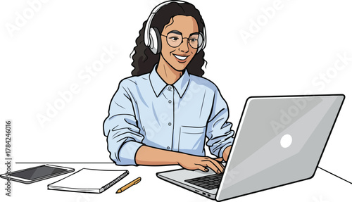 Young beautiful Indian female programmer working in office with laptop vector cartoon illustration