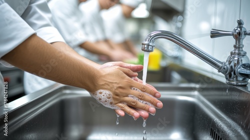 A person's hands  food service worker vigorously washing with soap and water under a flowing, chrome faucet in a stainless steel sink.