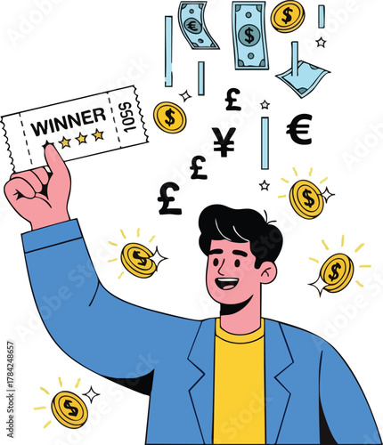 A happy man celebrates winning a lottery ticket with money and coins raining down around him.