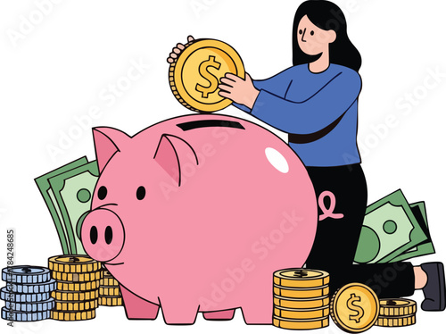 A woman saving money by putting a gold dollar coin into a large pink piggy bank surrounded by cash and coin stacks.