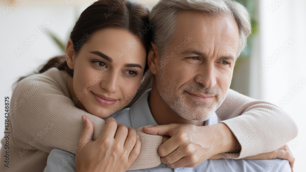 Fototapeta premium A heartwarming and intimate close-up portrait of a younger Caucasian woman embracing an older, middle-aged Caucasian man from behind.